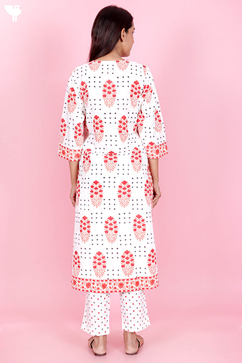 Cotton Kurta Pant Set With Kota Dupatta In Block Print